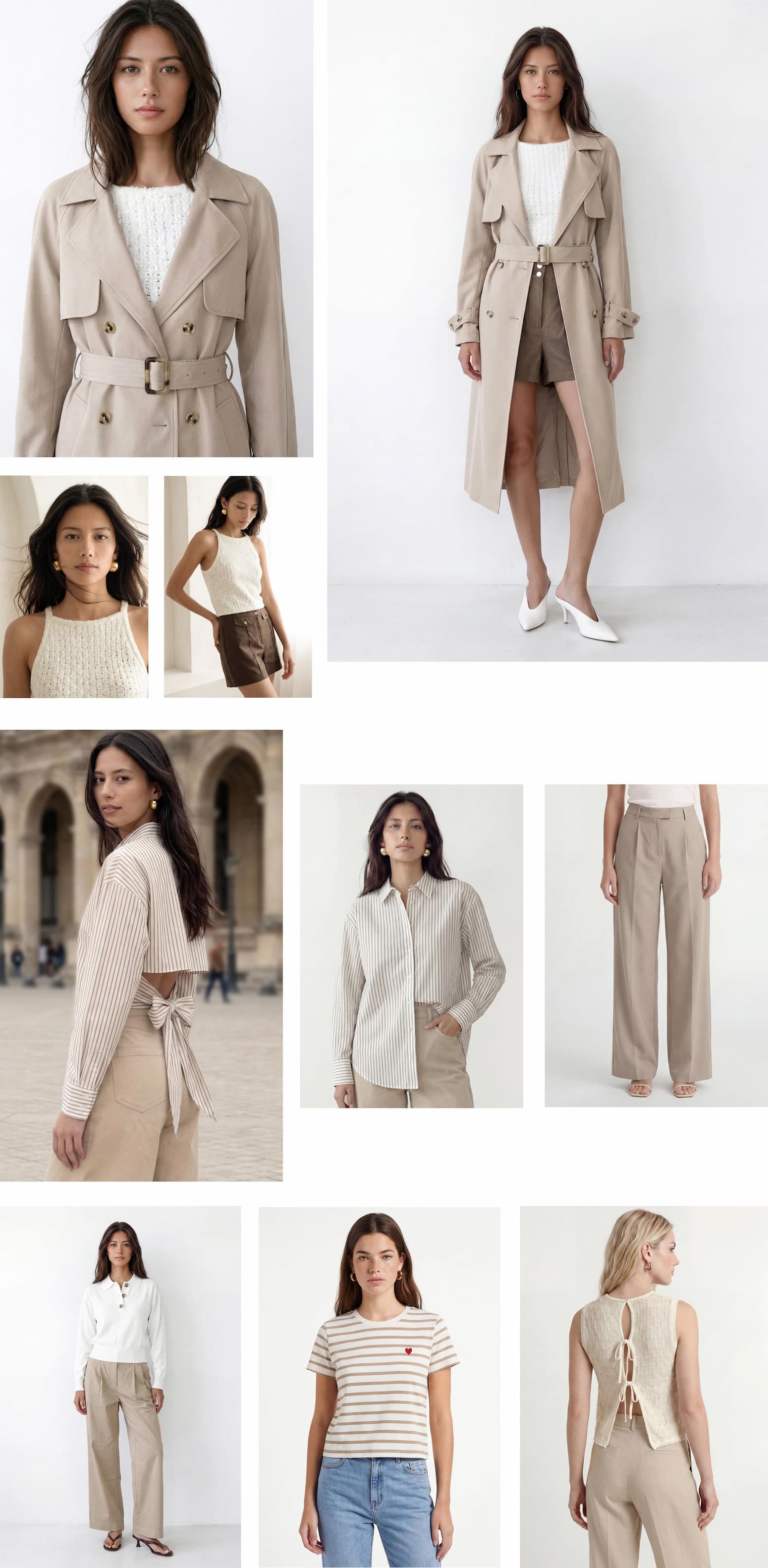 an image of a collage of photos of a woman in a white top and pink skirt