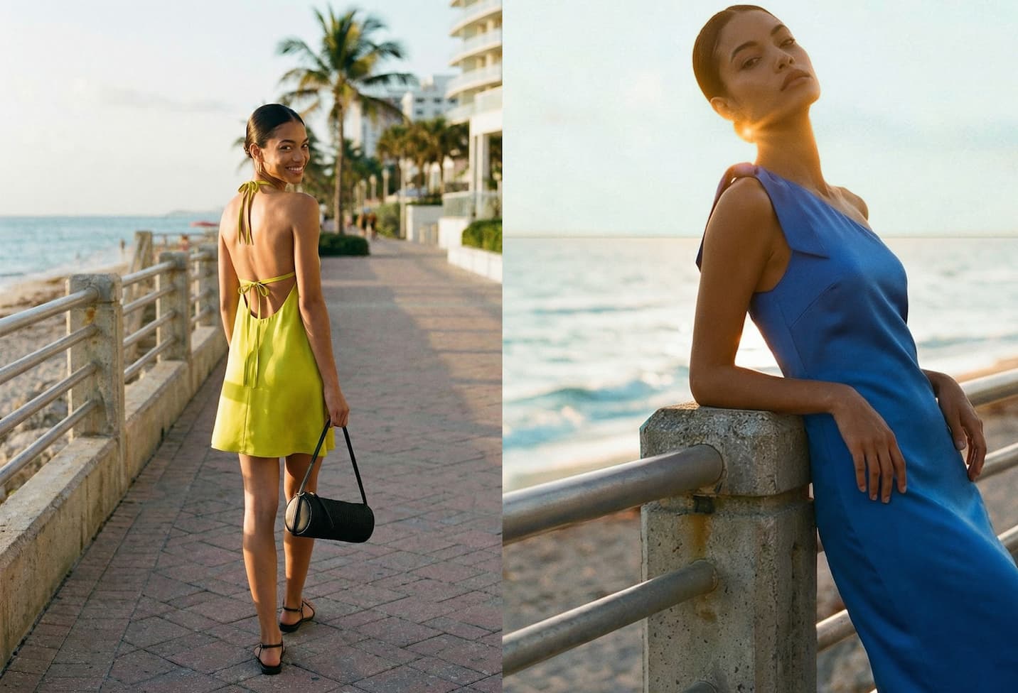 an image of a collage of photos of a woman in a white top and pink skirt