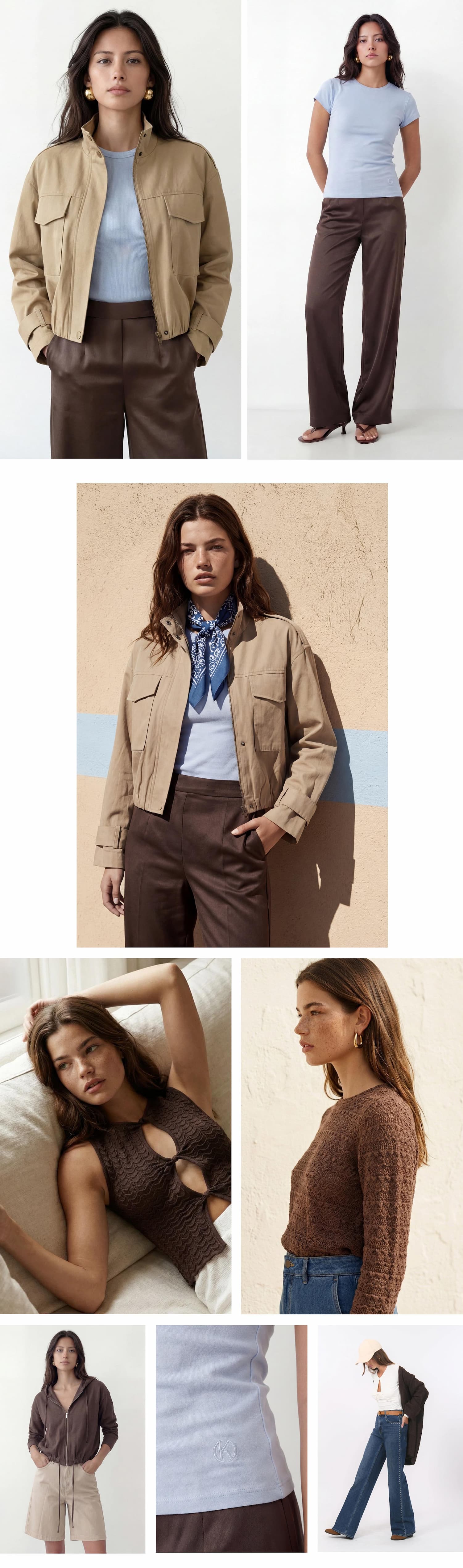 an image of a collage of photos of a woman in a white top and pink skirt