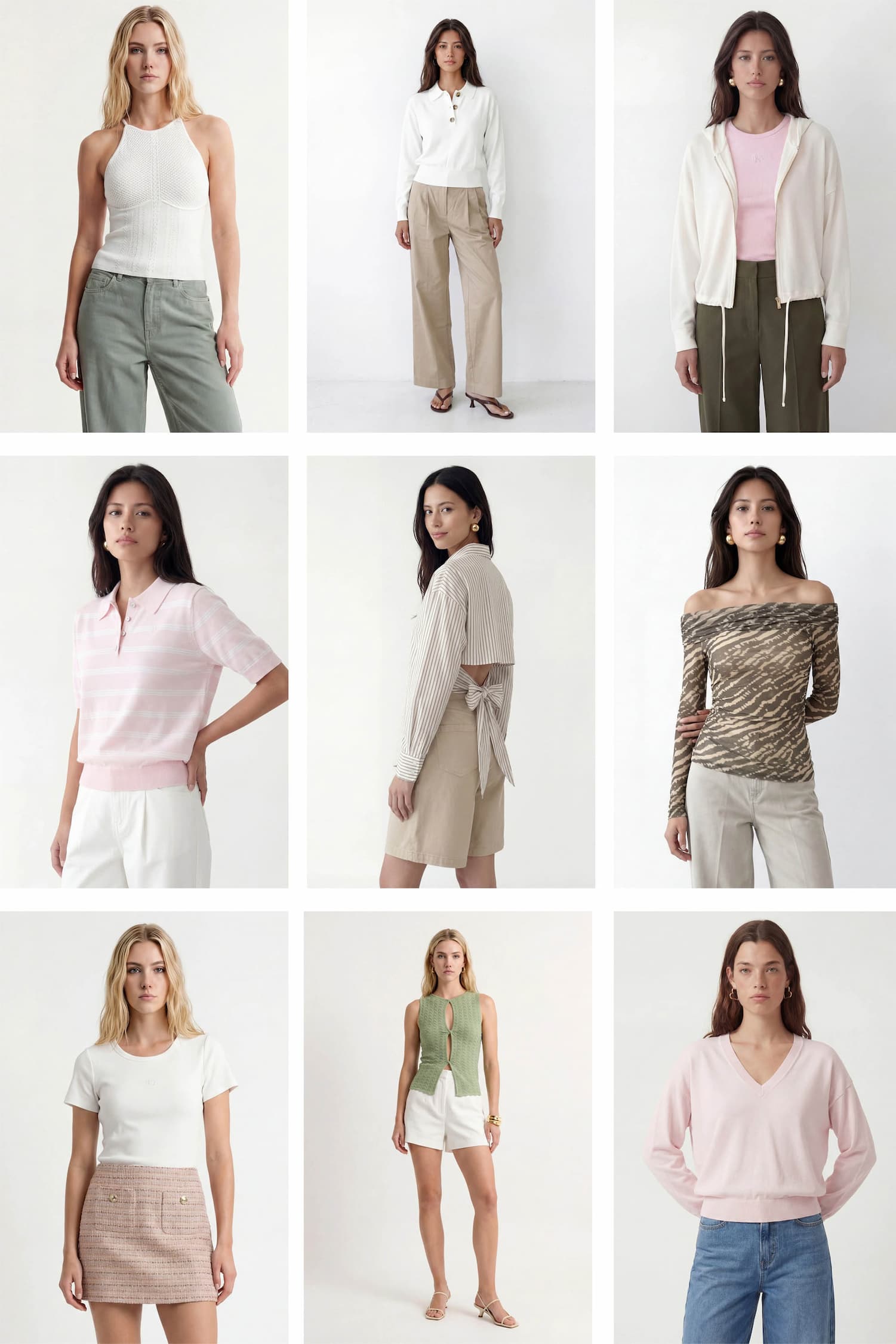 an image of a collage of photos of a woman in a white top and pink skirt