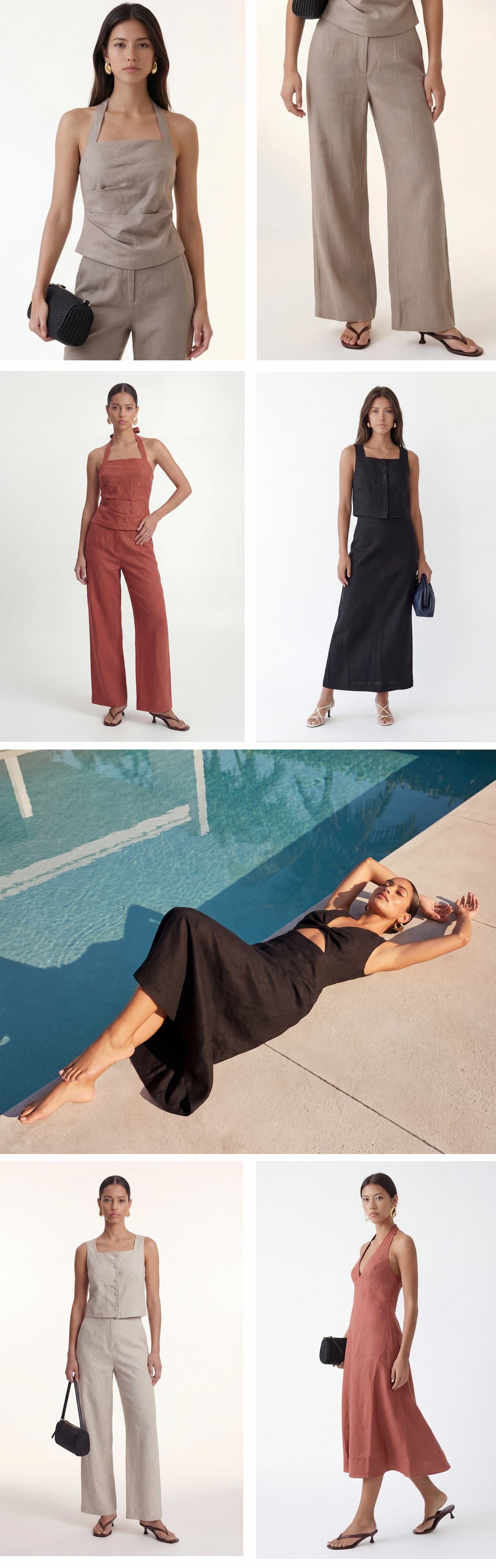 an image of a collage of photos of a woman in a white top and pink skirt