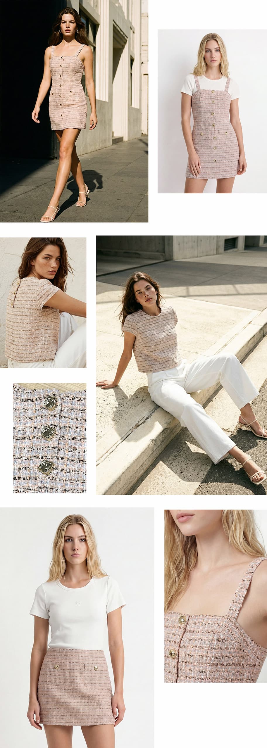 an image of a collage of photos of a woman in a white top and pink skirt