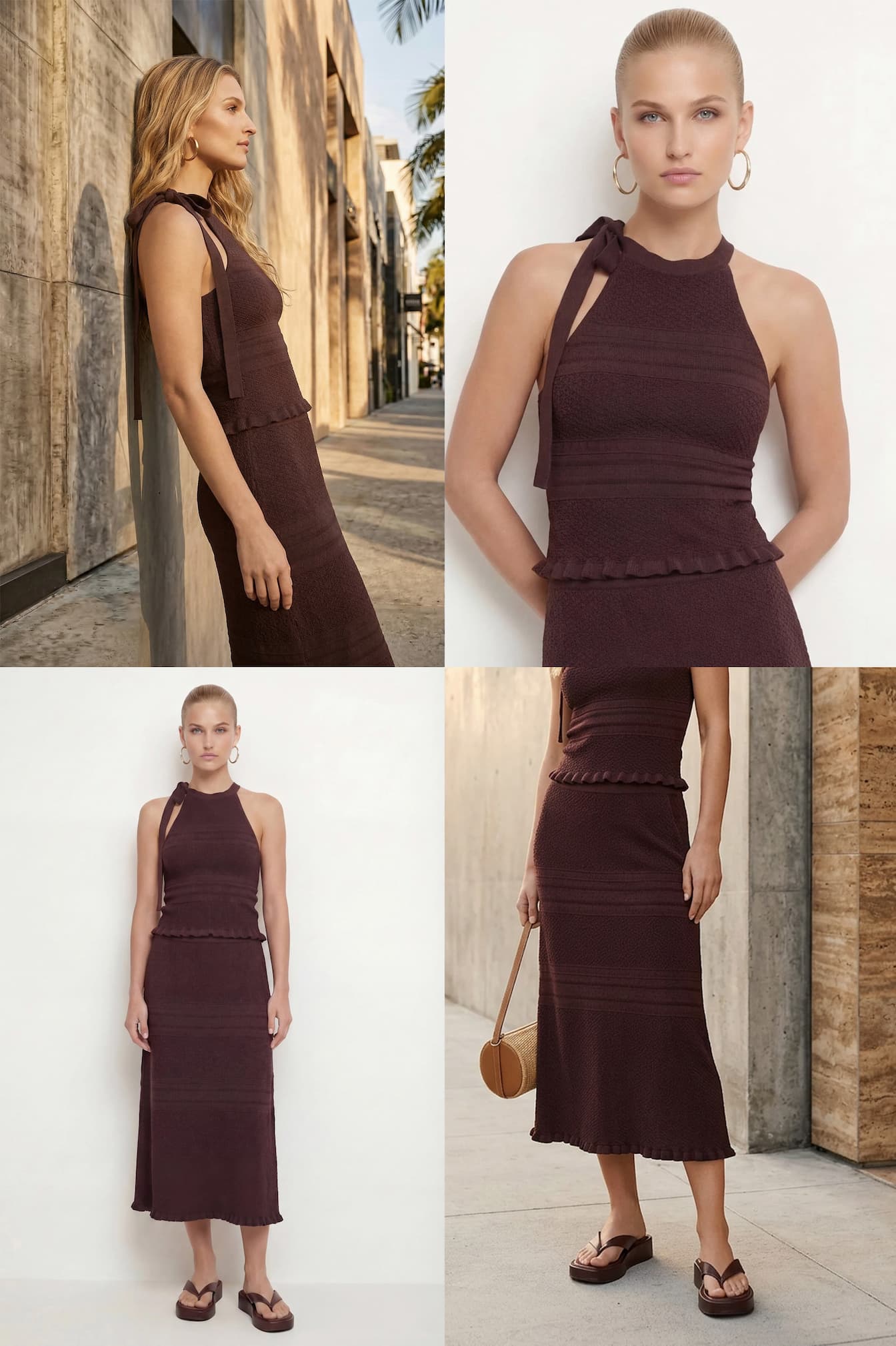 an image of a collage of photos of a woman in a white top and pink skirt