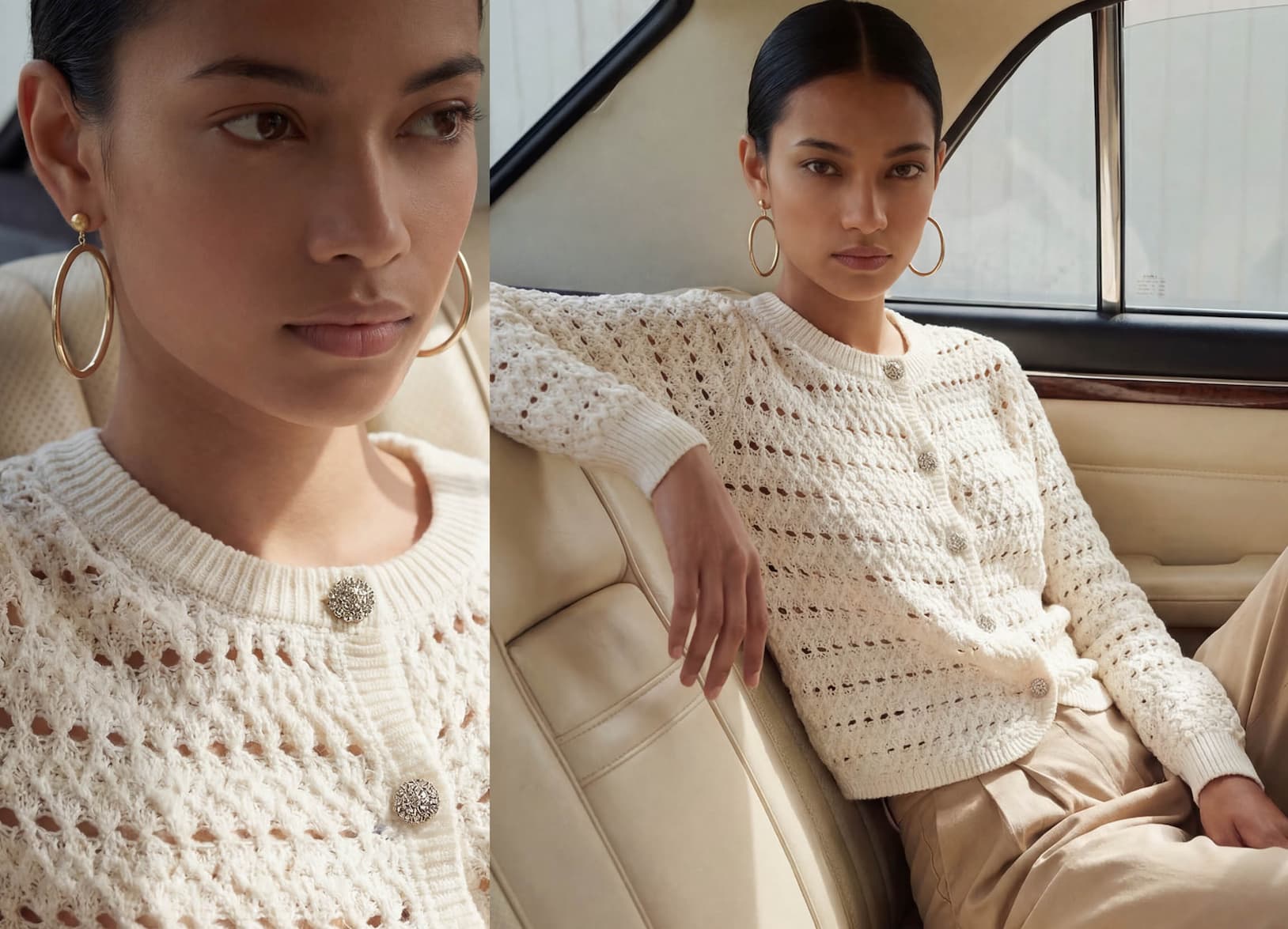 an image of a collage of photos of a woman in a white top and pink skirt