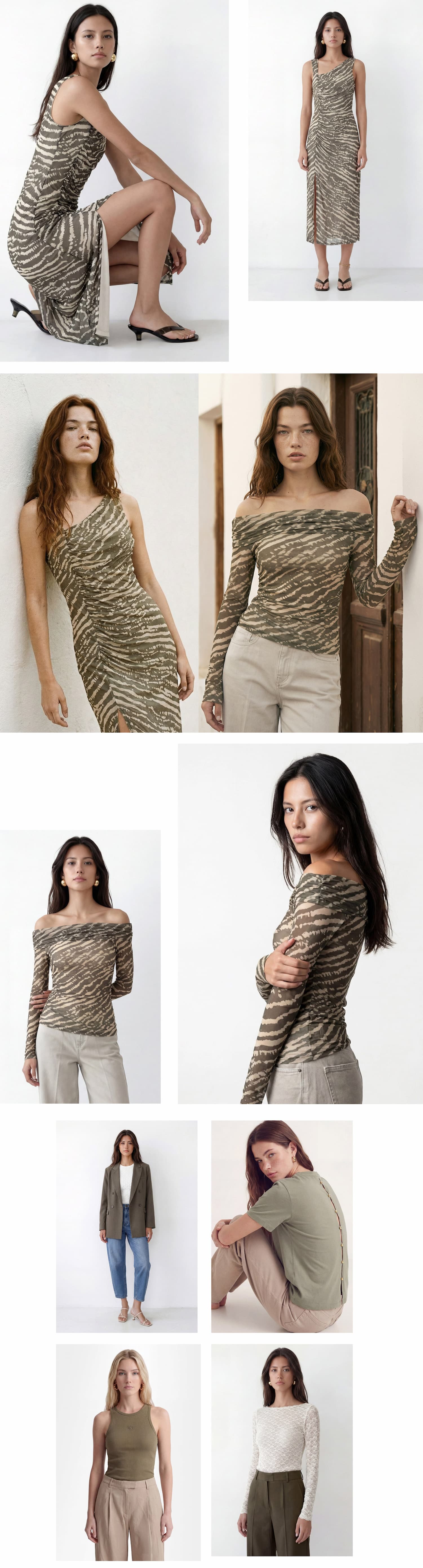 an image of a collage of photos of a woman in a white top and pink skirt