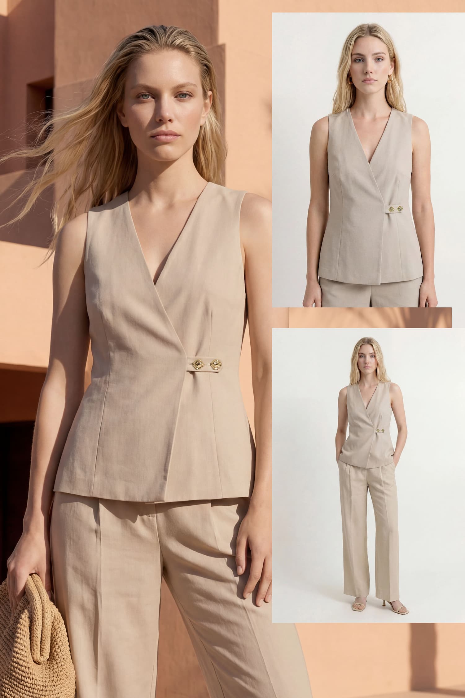 an image of a woman wearing a blue sweater and hat