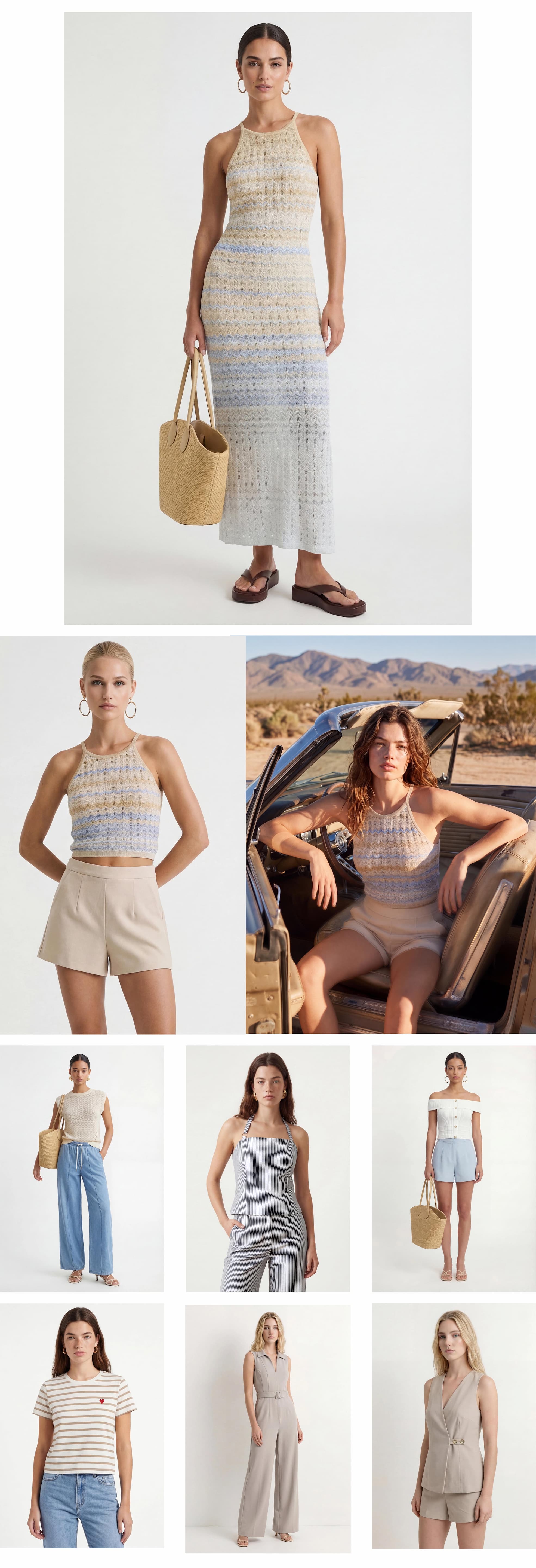 an image of a collage of photos of a woman in a white top and pink skirt