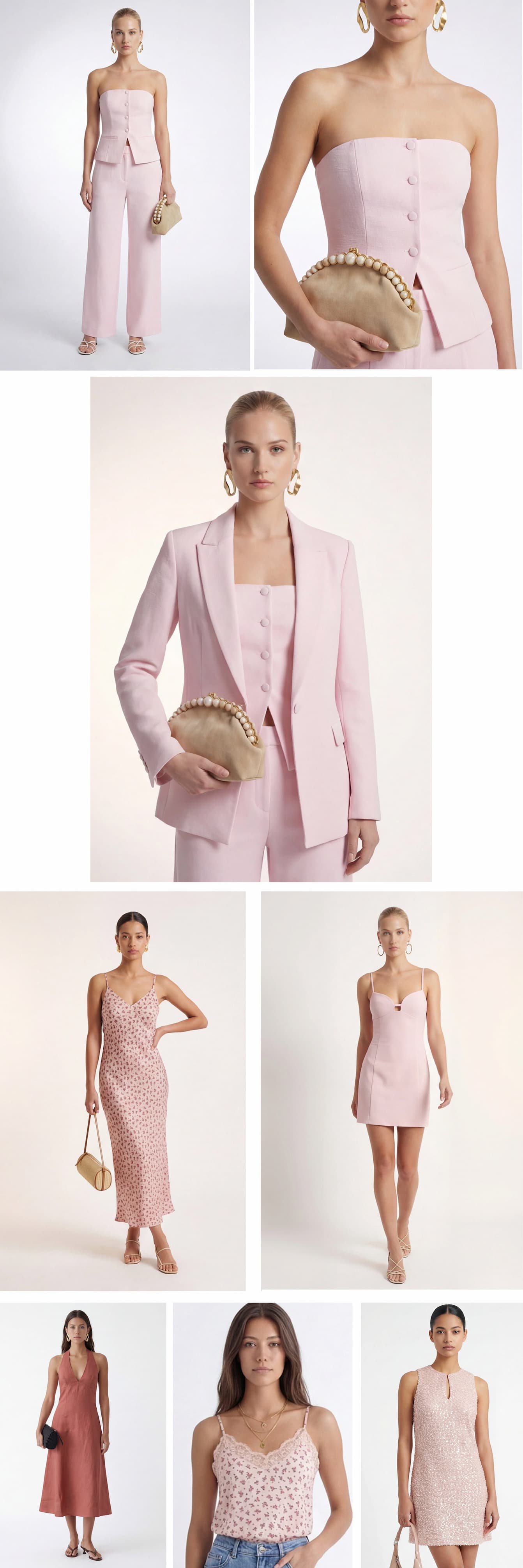 an image of a collage of photos of a woman in a white top and pink skirt