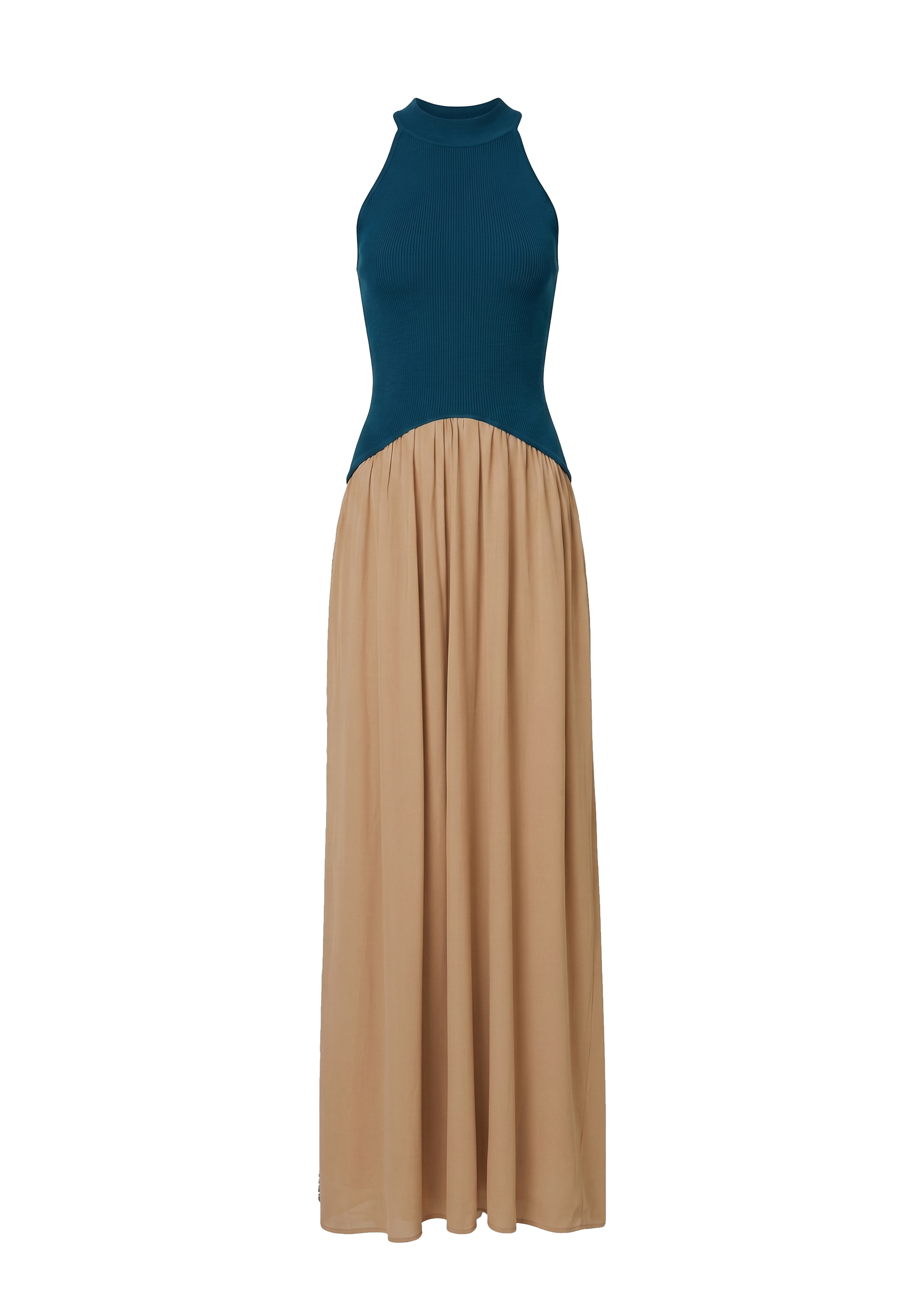 flat image of blue and camel halter full length dress