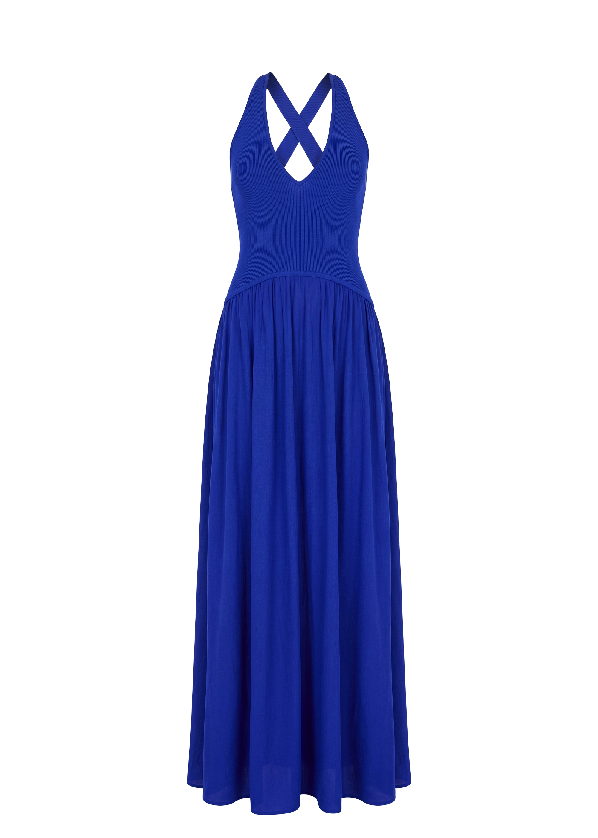 flat image of blue full length knit dress