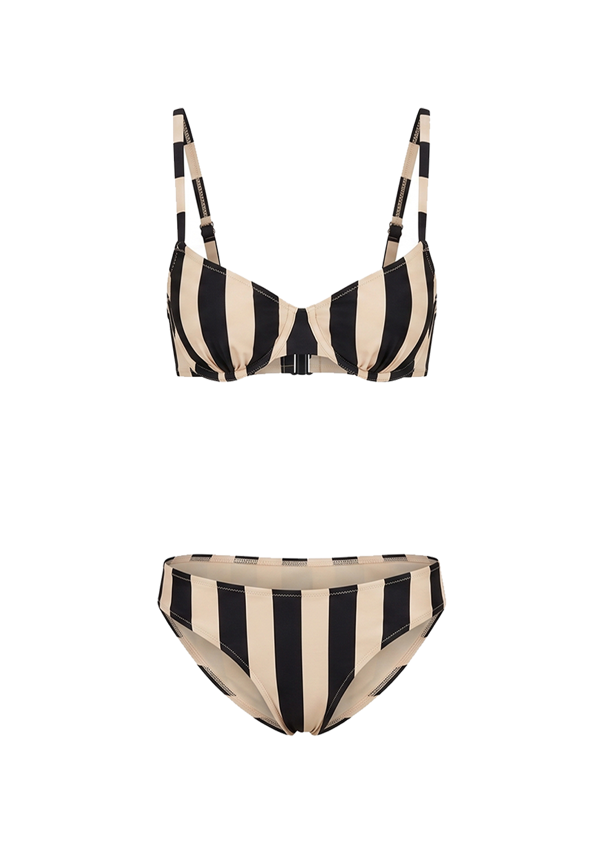 flat image of black and white striped bikini