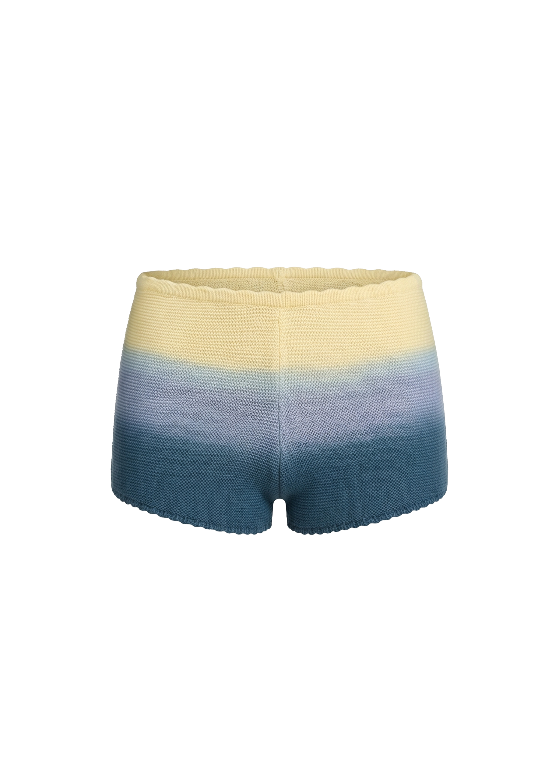 flat image of yellow and blue ombre dyed shorts