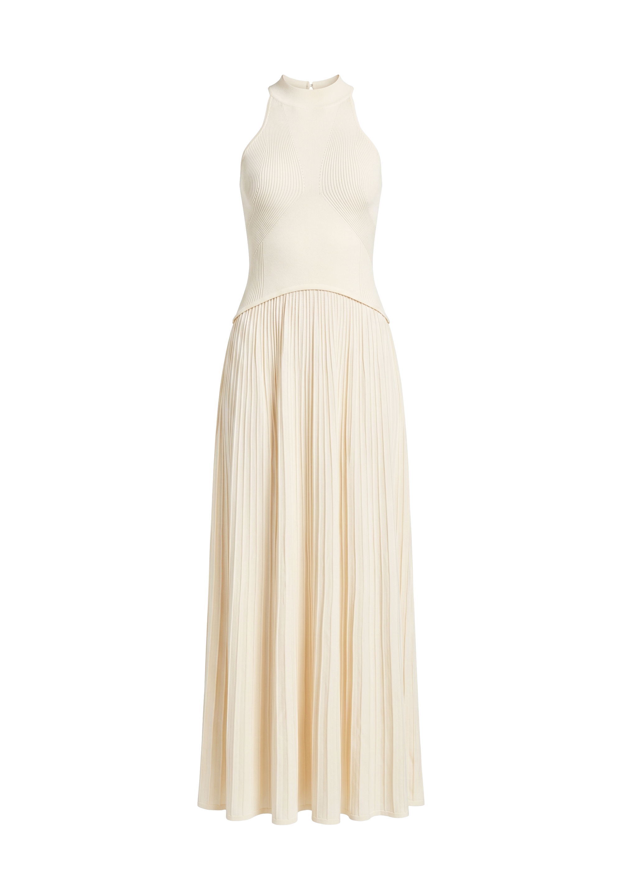 flat image of cream full length halter knit dress