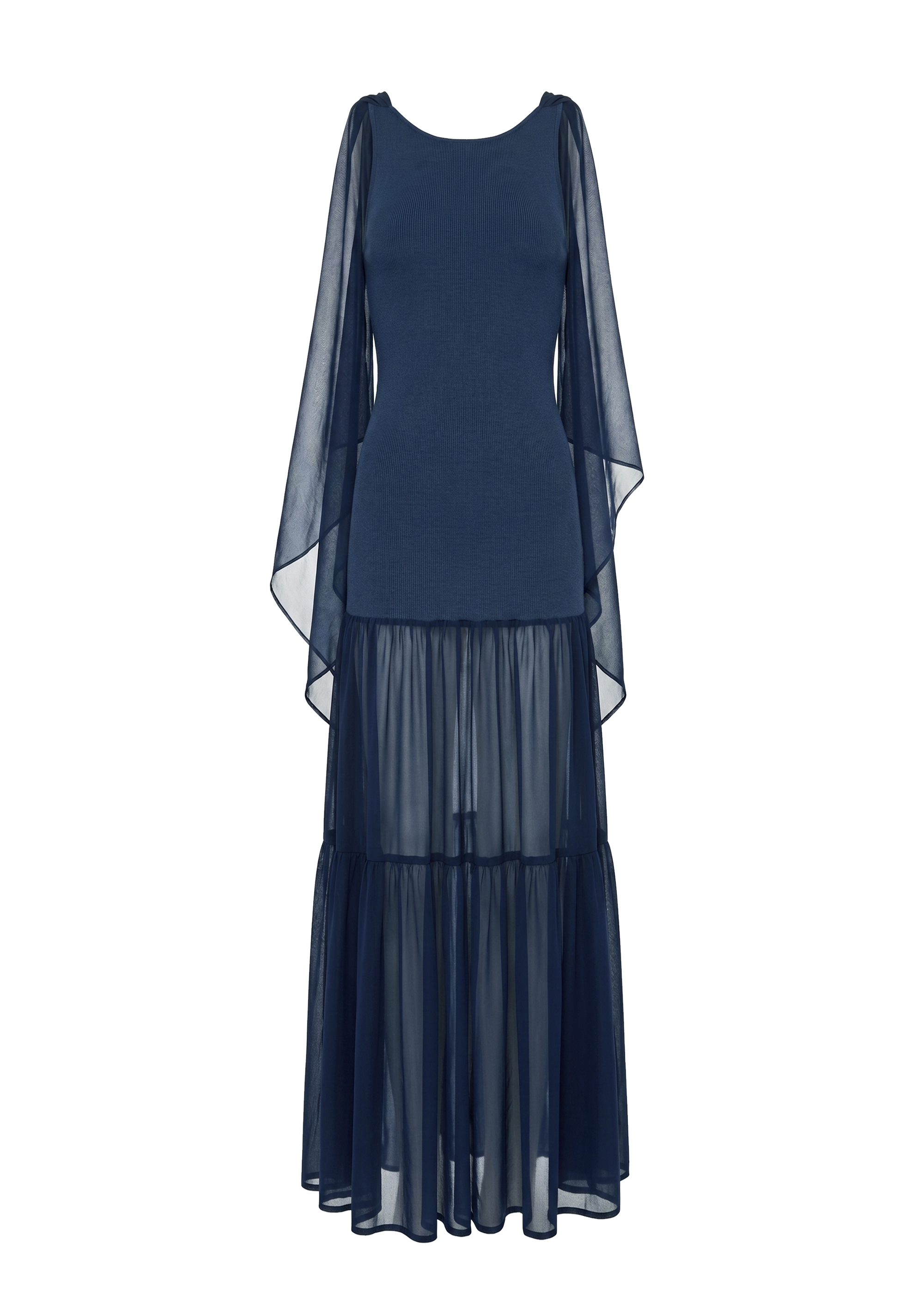 flat image of deep blue flowing full length dress