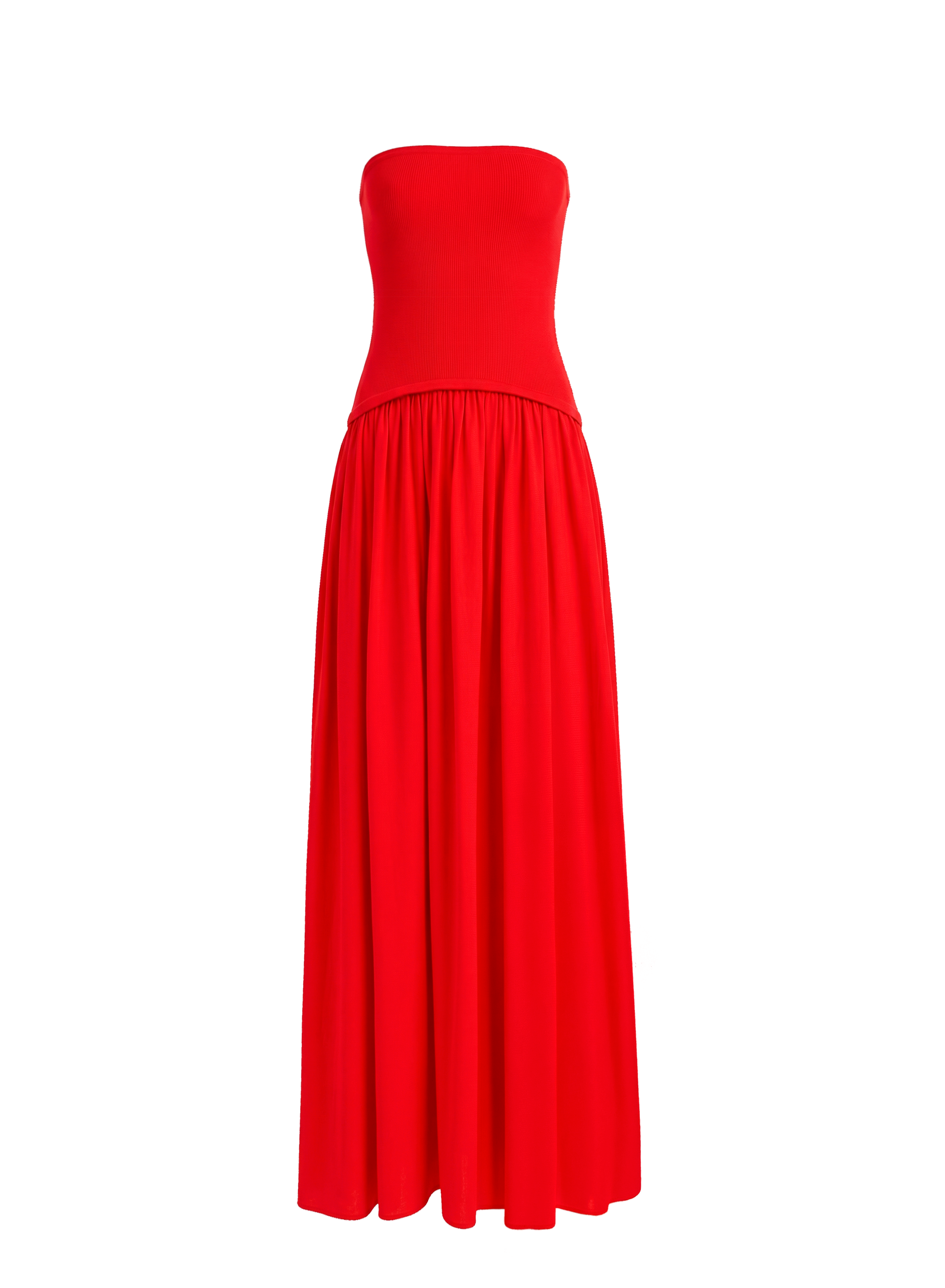flat image of red strapless dress