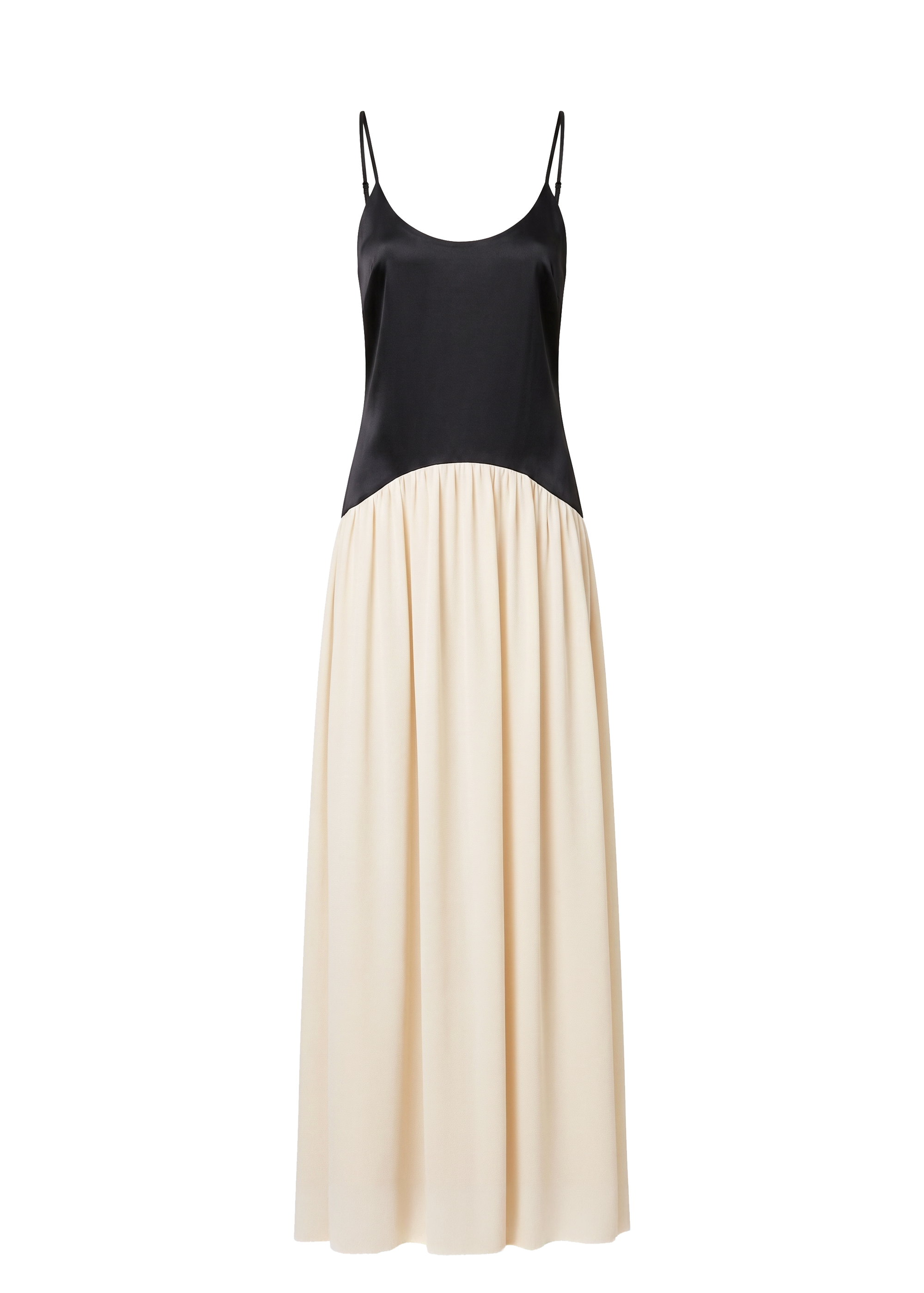 flat image of black and white drop waist full length dress