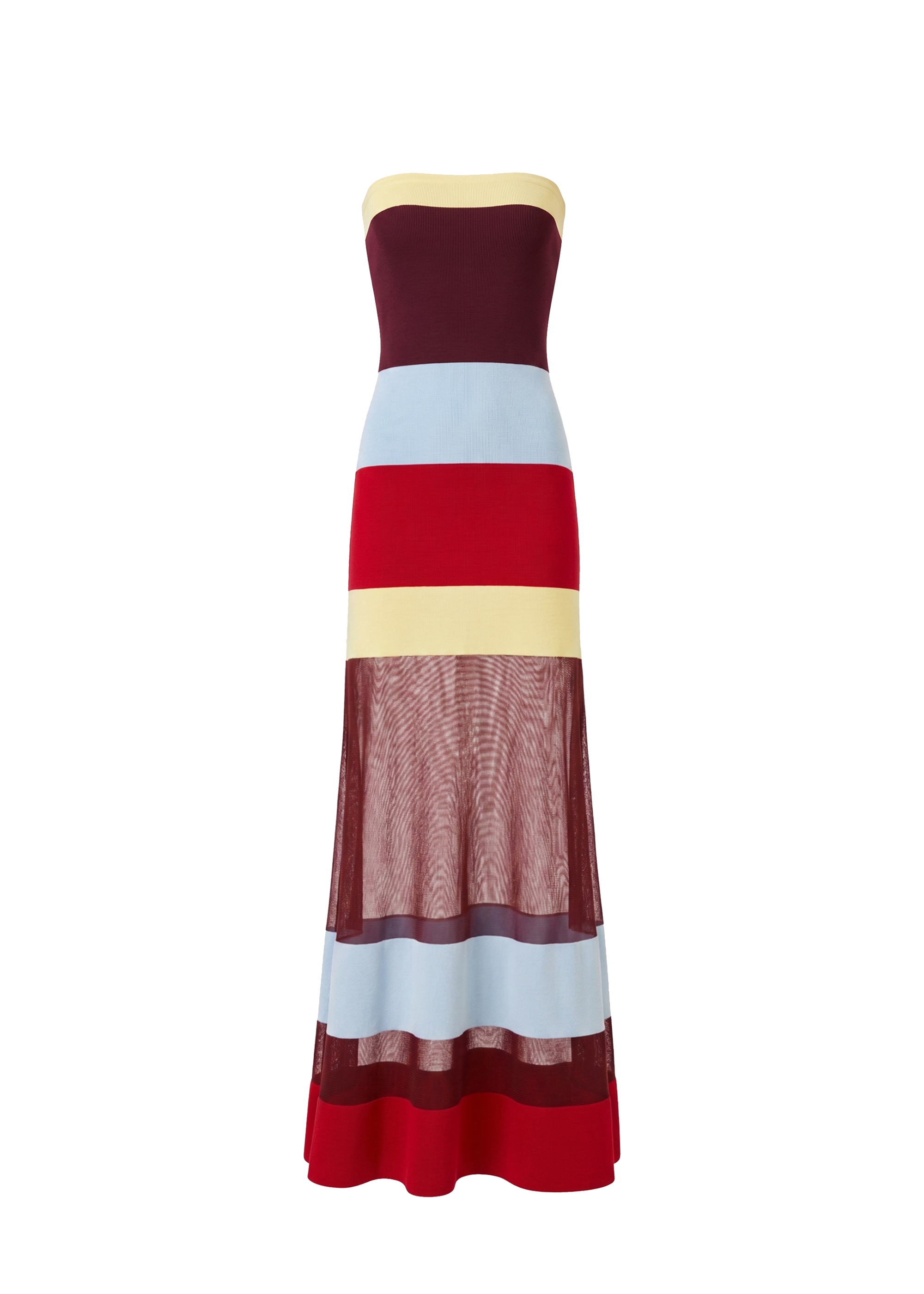 flat image of a strapless striped colorful knit dress