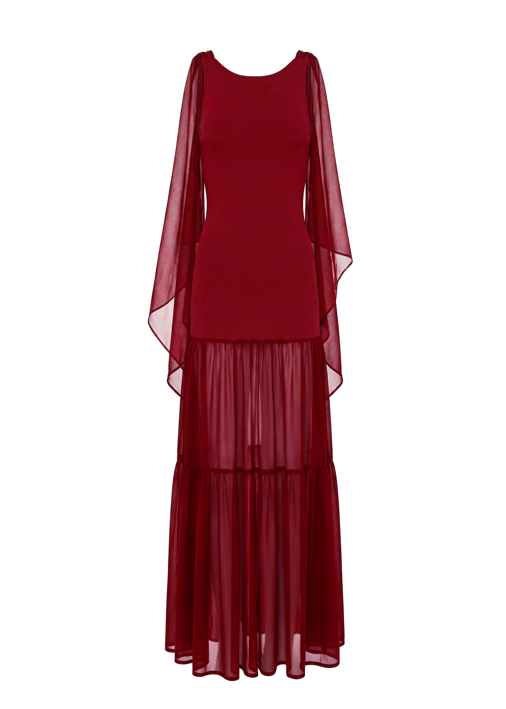 flat image of deep red flowing full length dress
