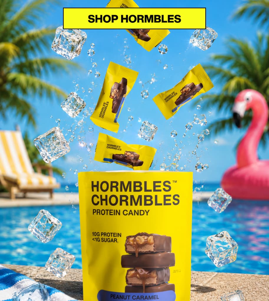 SHOP HORMBLES. Photo of Peanut Caramel Nougat in front of a pool.