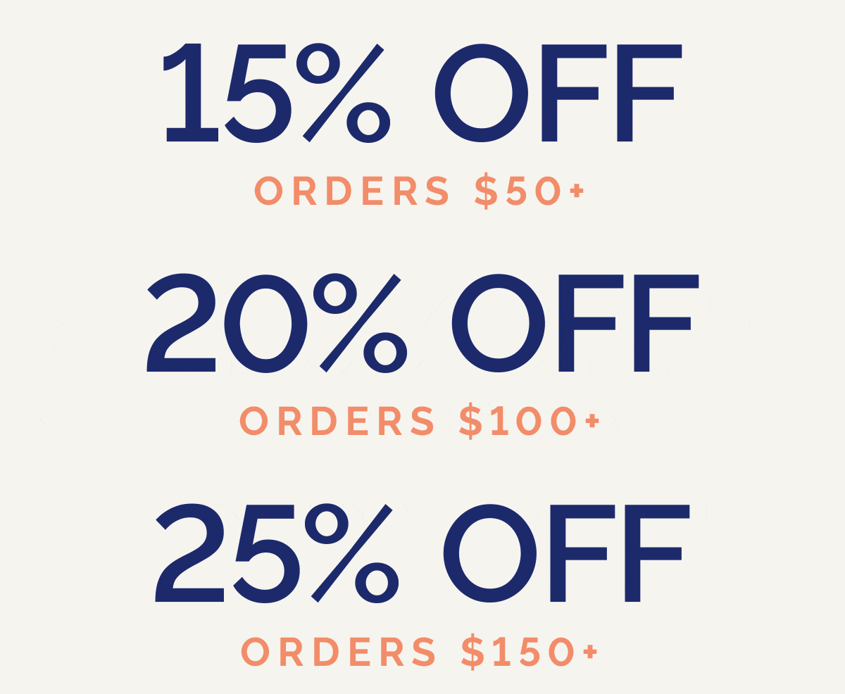 15% off orders $50+, 20% off orders $100+, 25% off orders $150+