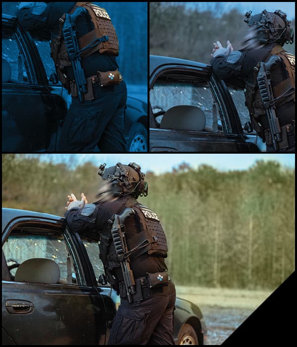 Police officer resting on car