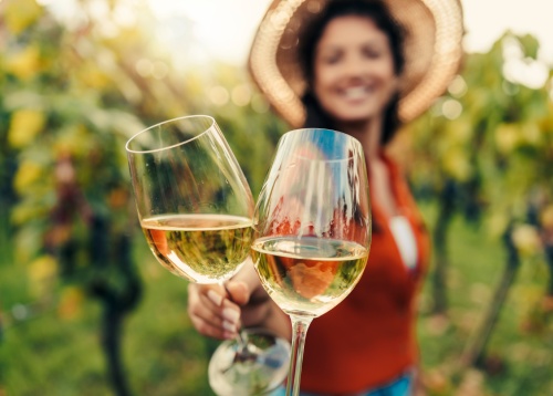 toasting in vineyard, woman in background