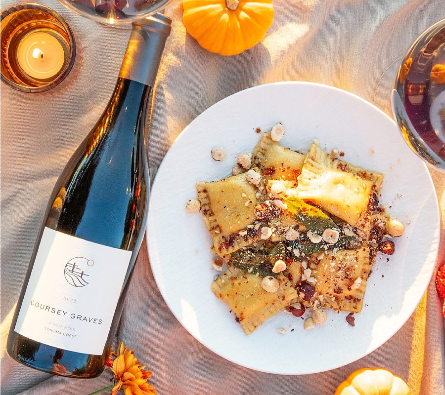 Pumpkin Ravioli with Cranberry-Sage Brown Butter & Crushed Hazelnuts