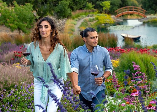 Couple strolling through garden