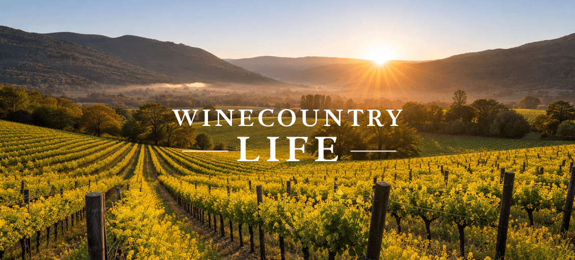 Hot air balloon floats over a vineyard with mountains in the background.