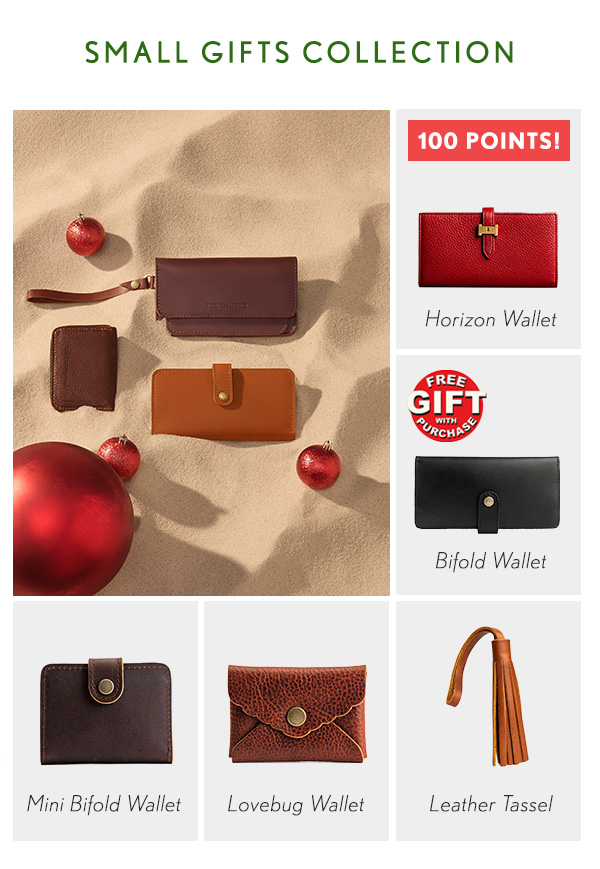 Small Gifts Collection: Horizon Wallet, Bifold Wallet, Leather Tassel, Lovebug Wallet, Mini Bifold Wallet