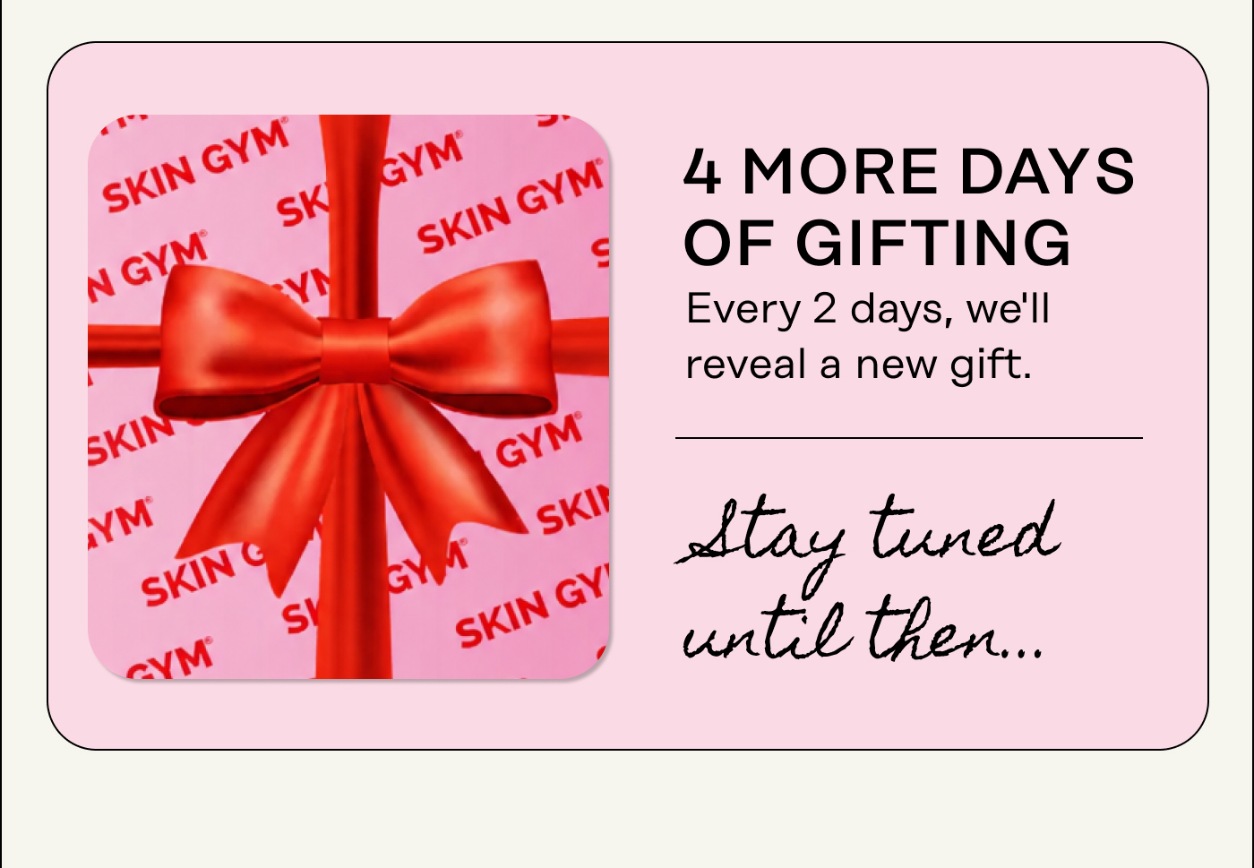 4 More Days of Gifting  Every 2 days, we'll reveal a new gift. Stay tuned until then...