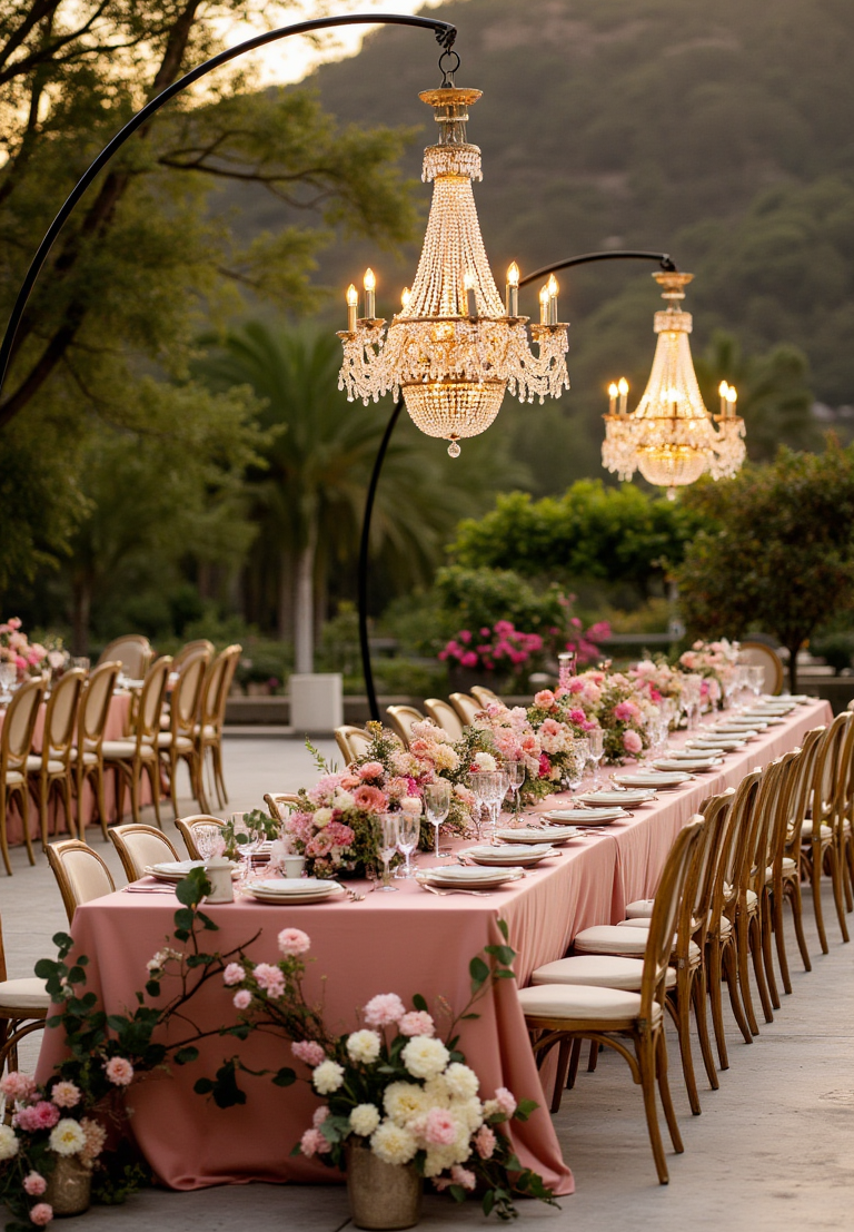 Chandeliers hanging over top of table