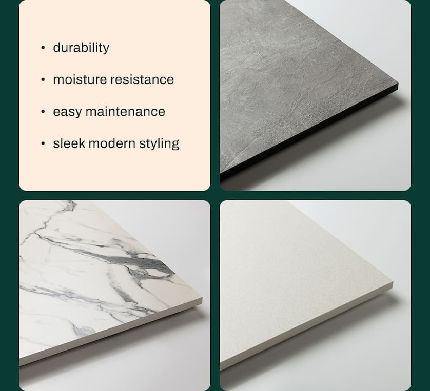 • durability • moisture resistance • easy maintenance • sleek modern styling