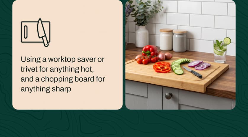 Using a worktop saver or trivet for anything hot, and a chopping board for anything sharp