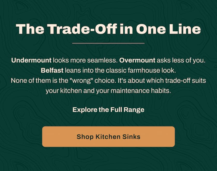 The Trade-Off in One Line. Undermount looks more seamless. Overmount asks less of you. Belfast leans into the classic farmhouse look. None of them is the "wrong" choice. It's about which trade-off suits your kitchen and your maintenance habits. Explore the Full Range.