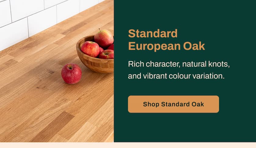 Standard European Oak - Rich character, natural knots, and vibrant colour variation.