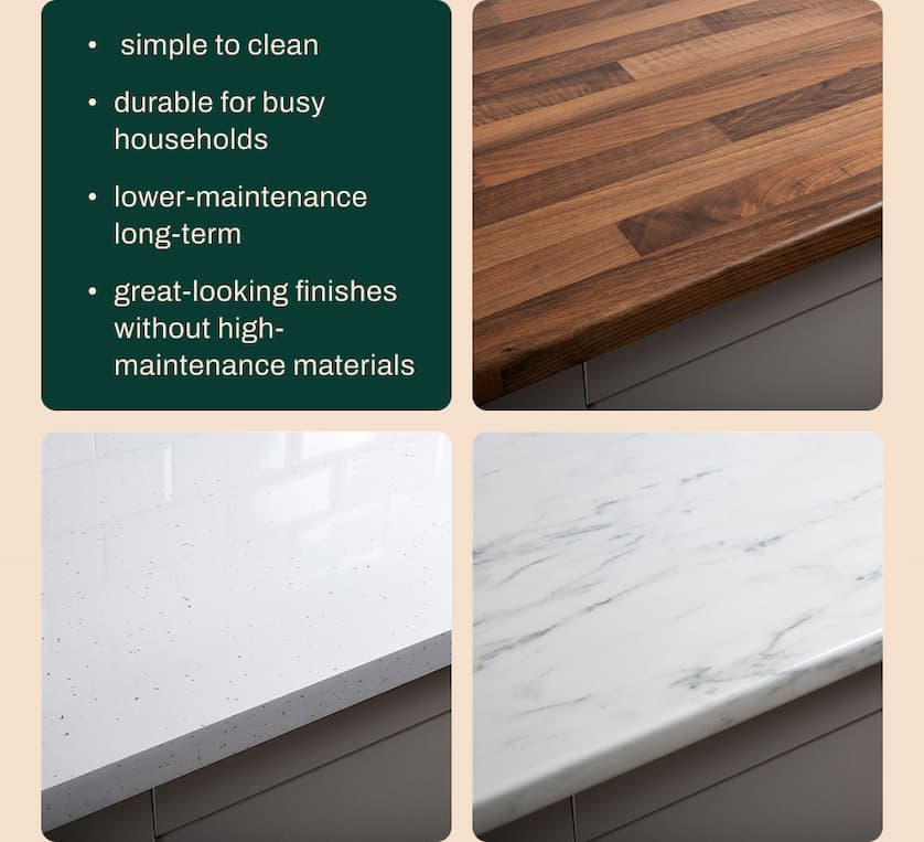 • simple to clean • durable for busy households • lower-maintenance long-term  • great-looking finishes without high-maintenance materials