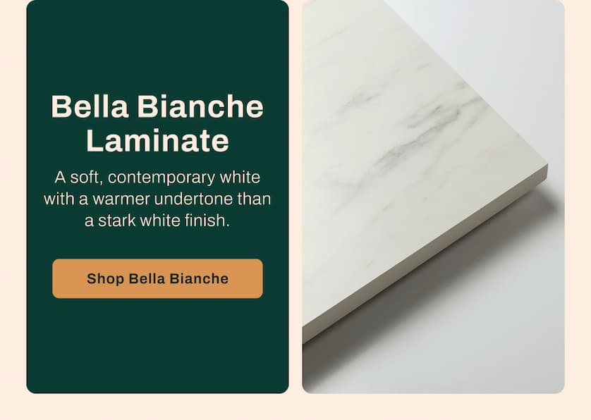 Bella Bianche Laminate - A soft, contemporary white with a warmer undertone than a stark white finish.