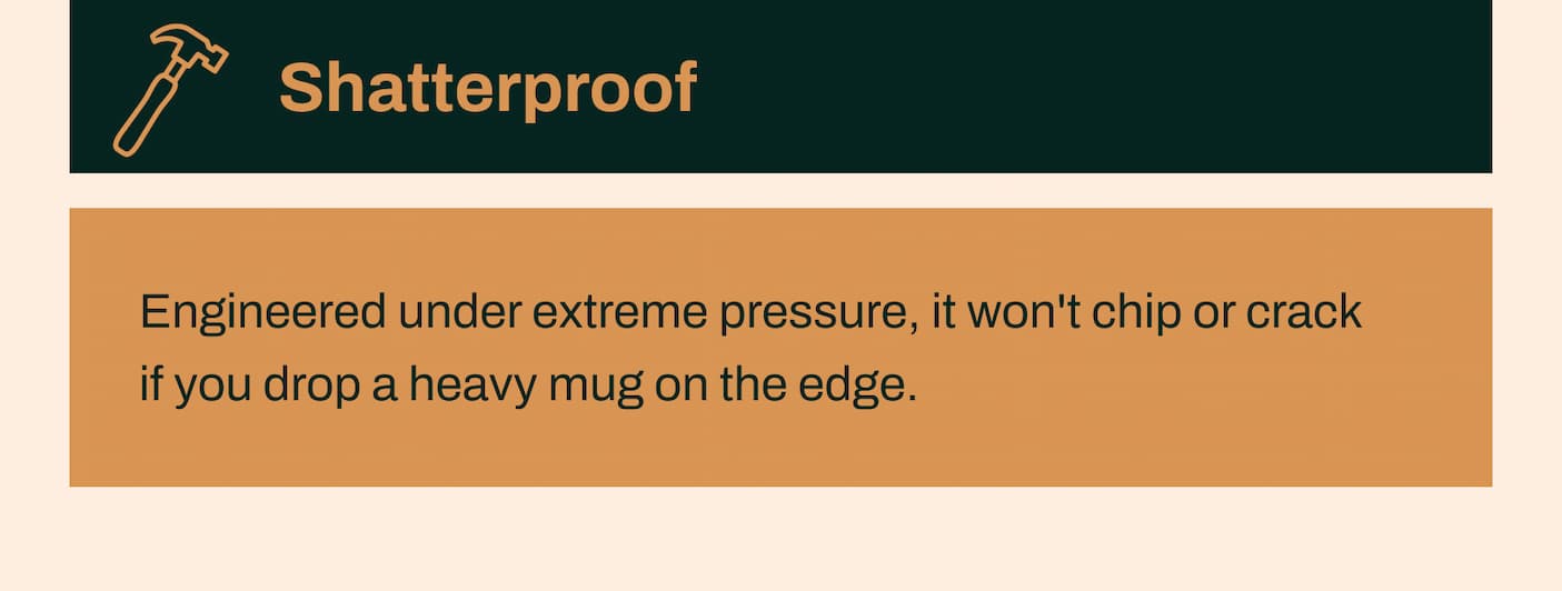 Shatterproof - Engineered under extreme pressure, it won't chip or crack if you drop a heavy mug on the edge.