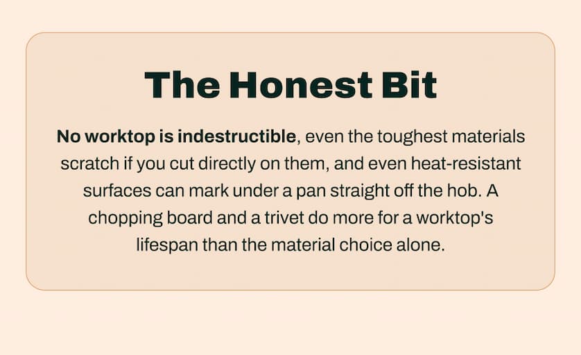 The Honest Bit - No worktop is indestructible, even the toughest materials scratch if you cut directly on them, and even heat-resistant surfaces can mark under a pan straight off the hob. A chopping board and a trivet do more for a worktop's lifespan than the material choice alone.