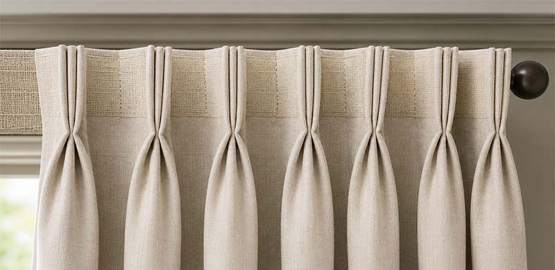 Pleated drapery heading supported with buckram