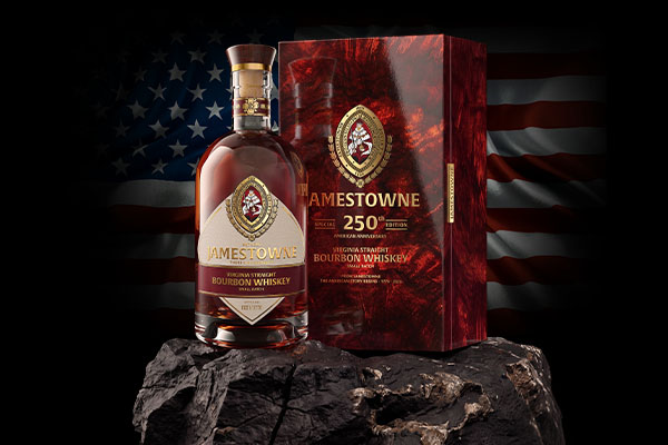 Jamewtowne limited release bottle in front of US flag