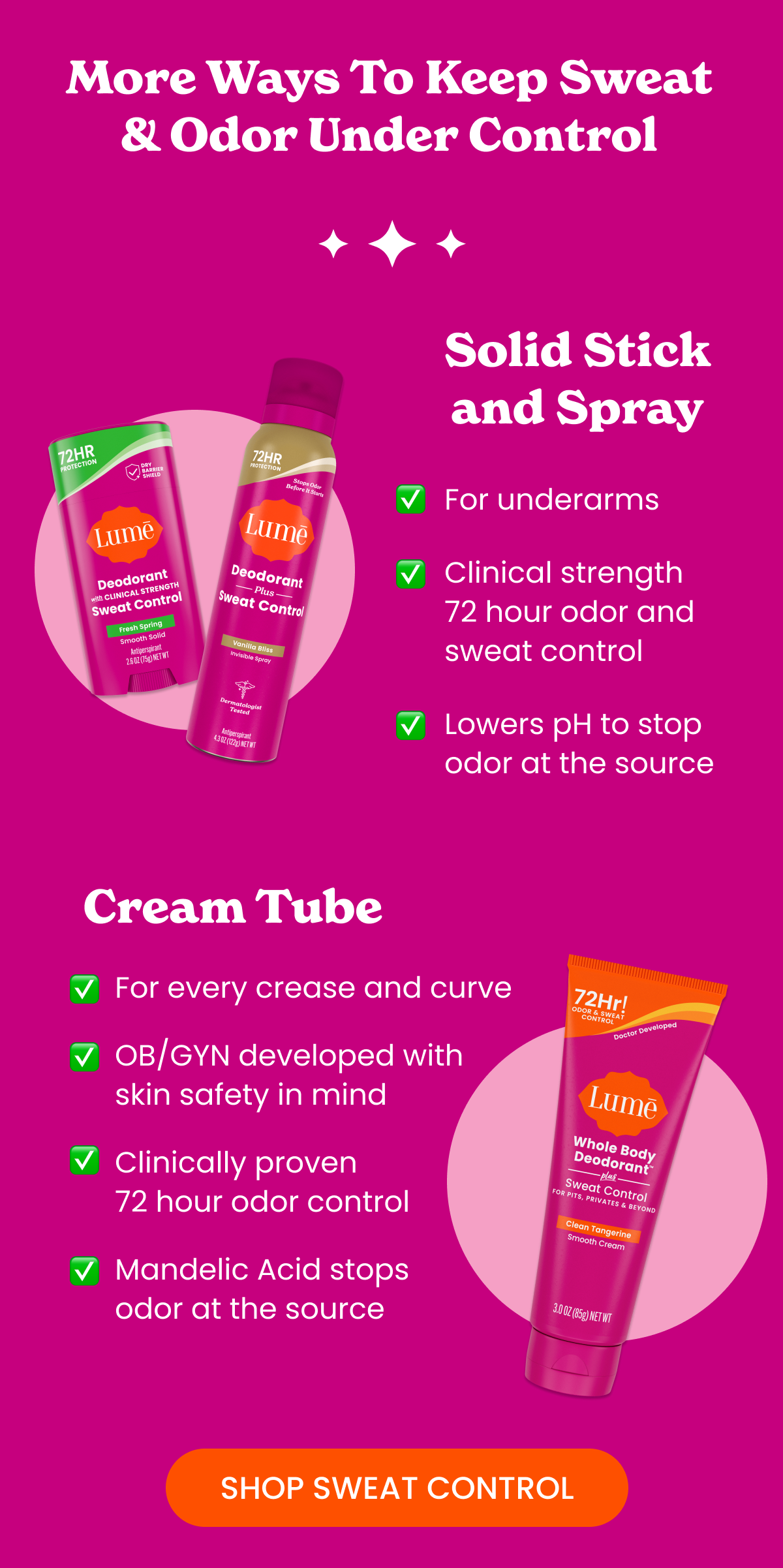 More Ways To Keep Sweat & Odor Under Control | Solid Stick and Spray | Cream Tube | Shop Sweat Control