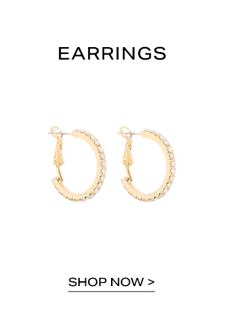 Gold rhinestone hoop earrings on a white background with "EARRINGS" and "SHOP NOW" text, prompting users to browse the new jewelry collection.