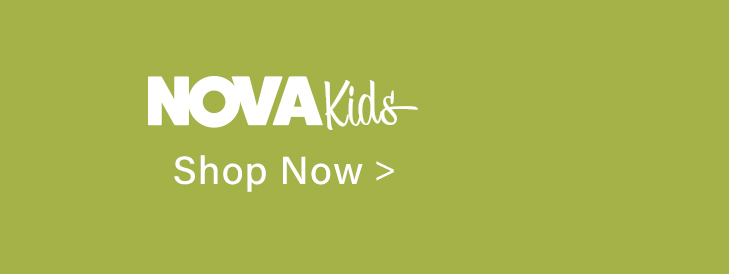 White NOVA Kids logo and "Shop Now >" text on a solid green background, promoting the latest children's fashion collection.