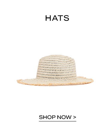 Woven beige straw beach hat with frayed edges on a white background. Shop now promotional banner for the trendy summer hats collection.