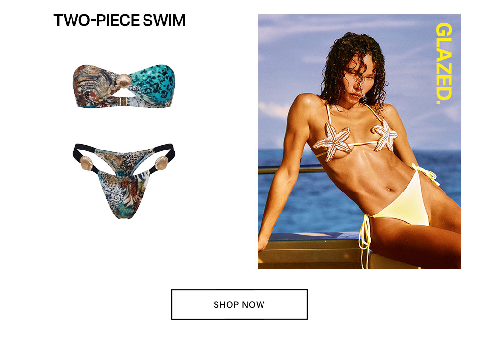 Displaying two-piece swimsuits: a teal animal print bikini with seashells and a yellow bikini with beaded starfish, promoting new swimwear styles.
