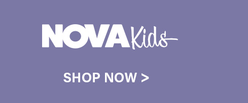 White "NOVA Kids" logo and "SHOP NOW" button on a light purple background. Shop quality kids' clothing and stylish accessories.