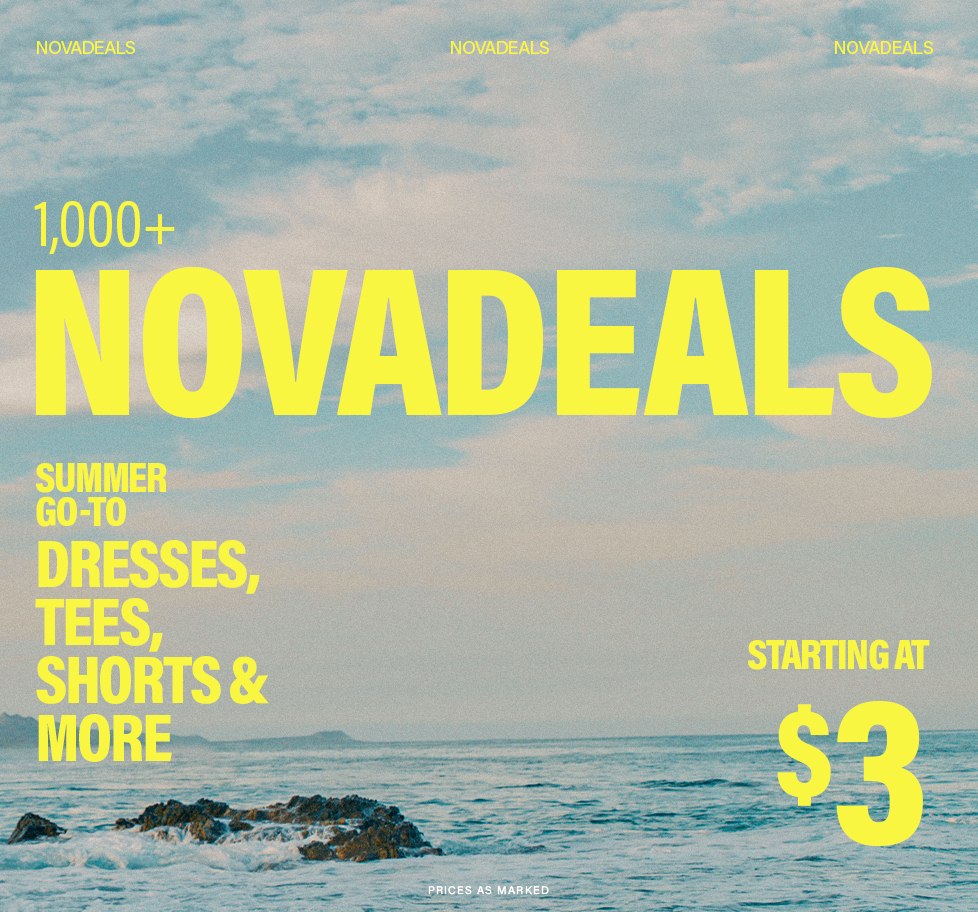 Novadeals offers 1000+ summer fashion deals: dresses, tees, shorts from $3. Blue ocean & sky scene.