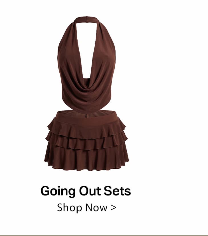 Brown 2-piece going out set: halter cowl neck top and tiered ruffle mini skirt.